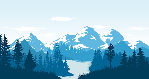 mountain landscape with river and trees at dusk