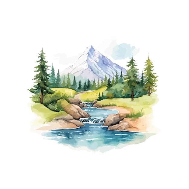 mountain landscape with river watercolor illustration