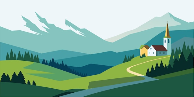 a mountain landscape with a road and a house in the background