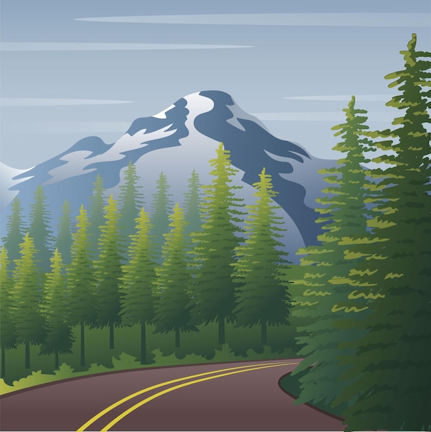 Mountain landscape with a road and a pine forest