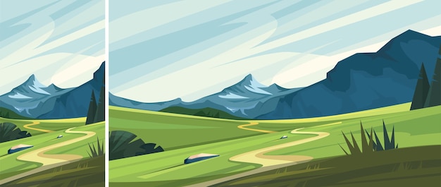 Vector mountain landscape with road. set of beautiful non-urban scenes in vertical and horizontal orientation.