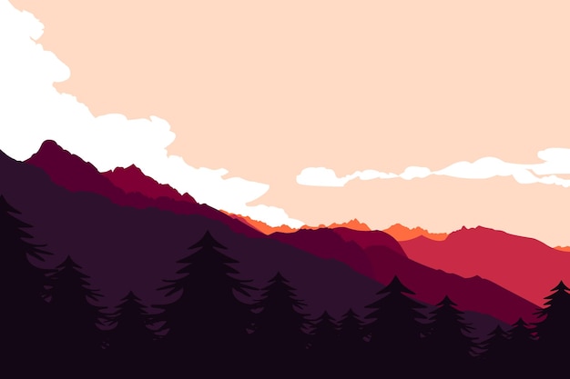 Mountain landscape with silhouettes of forest trees mountains and hills