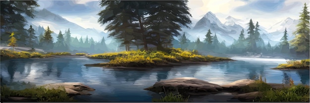 Mountain landscape with stormy river with forest vector illustration cartoon flat countryside