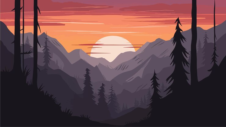 Vector a mountain landscape with a sunset in the background