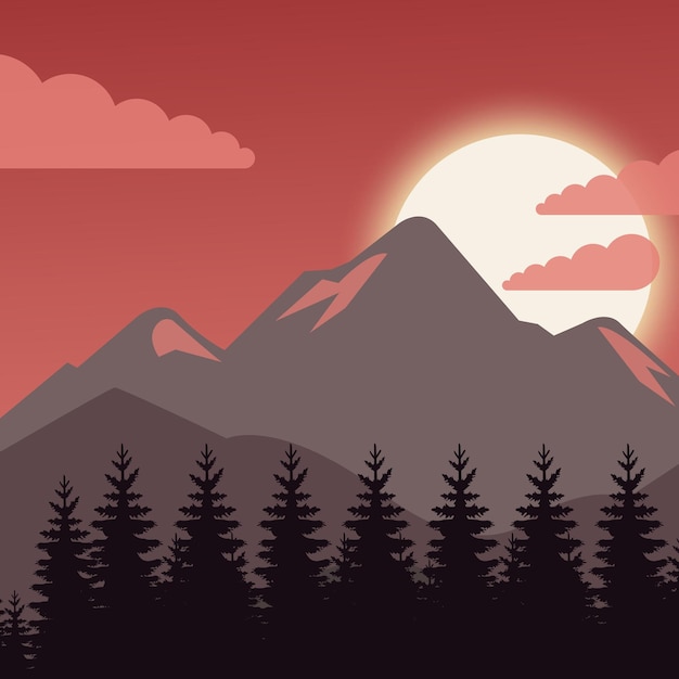 A mountain landscape with a sunset and the sun behind it.