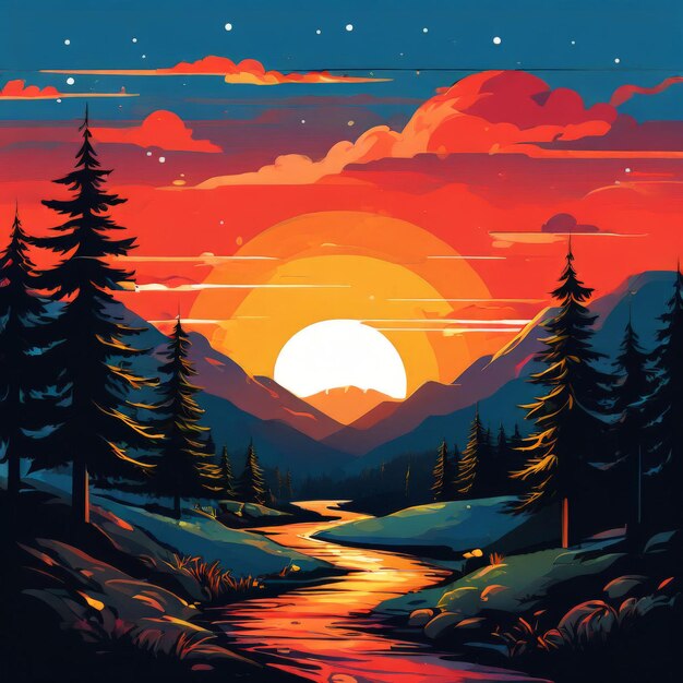 mountain landscape with sunset and trees mountain landscape with sunset and trees