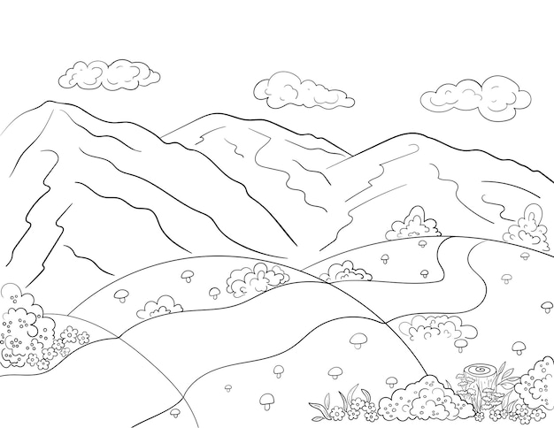 Vector mountain landscape with trail bushes berries flowers and mushrooms outline for coloring