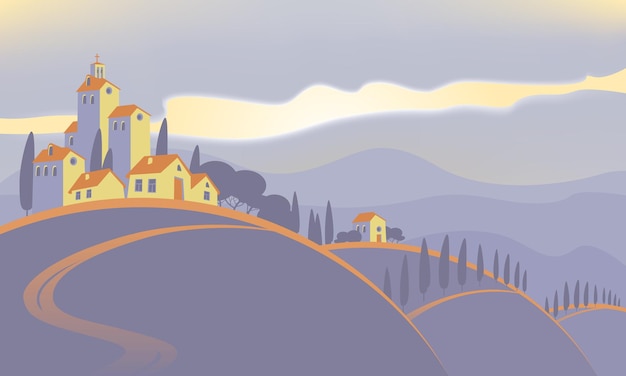 Vector mountain landscape with village