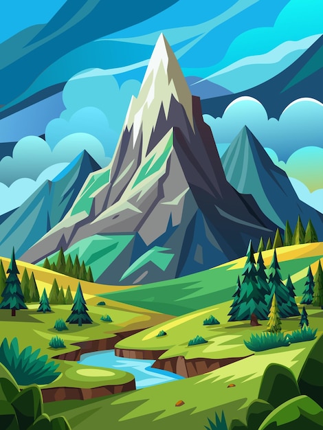 A mountain landscape with a winding path leading to a majestic peak under a vibrant sky