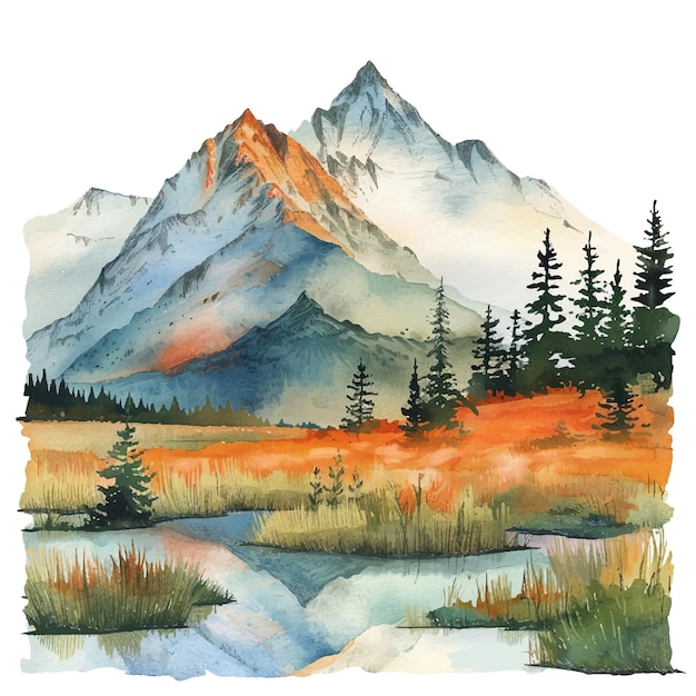 Vector mountain lanscape painting watercolour vector illustration for background