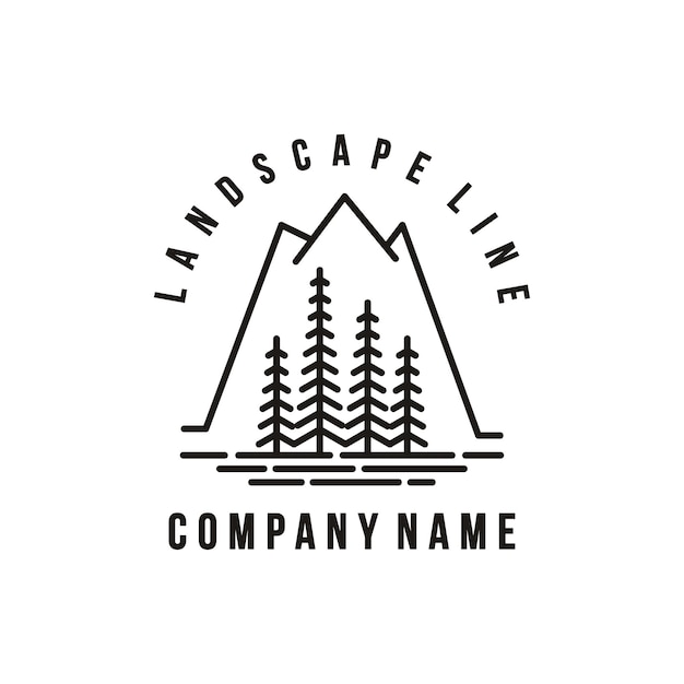 Vector mountain line art logo design template mountain with pinus tree forest vintage retro