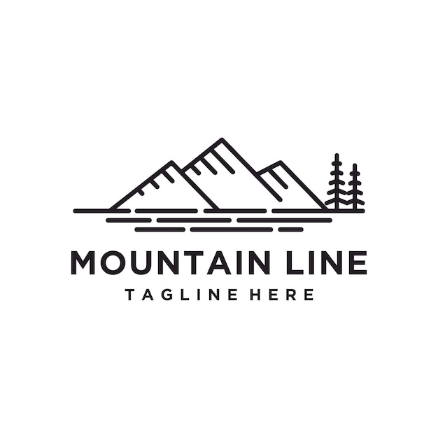 Vector mountain line art logo design template mountain with pinus tree forest vintage retro