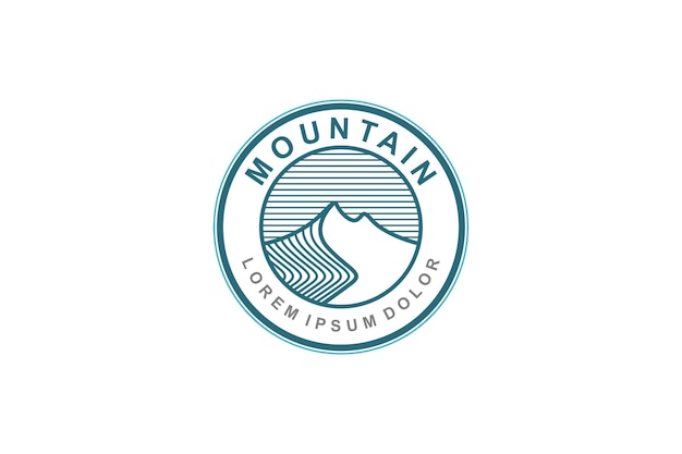 Simbolo dell'icona dell'illustrazione all'aperto del parco avventura di forma della linea a strisce di progettazione del logo della montagna