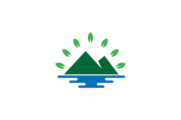 Mountain logo design with lake and leaf combination