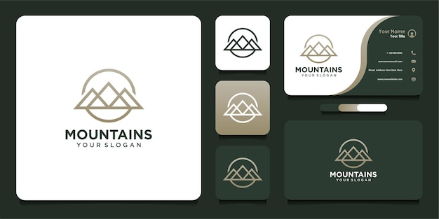 Design del logo di montagna con stile al tratto e biglietto da visita