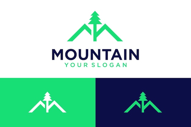 Design del logo di montagna con pino e albero