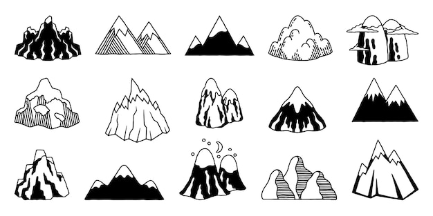 山のロゴ風景鉛筆とインク スケッチ黒山のピーク ベクトル分離セット