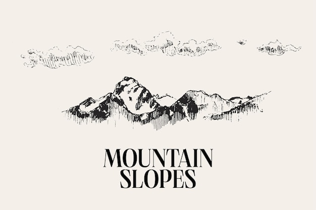 Vector mountain logo with clouds hand drawn vector illustration