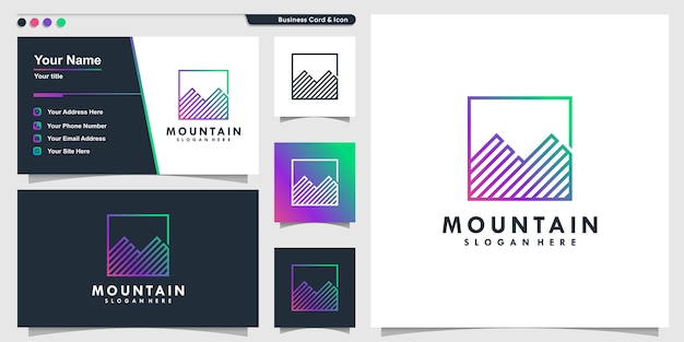 Mountain logo with creative gradient line art style and business card design template, mountain, outdoor, template,