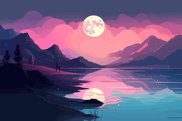 Vector mountain majesty a colorful and romantic moonlit seascape