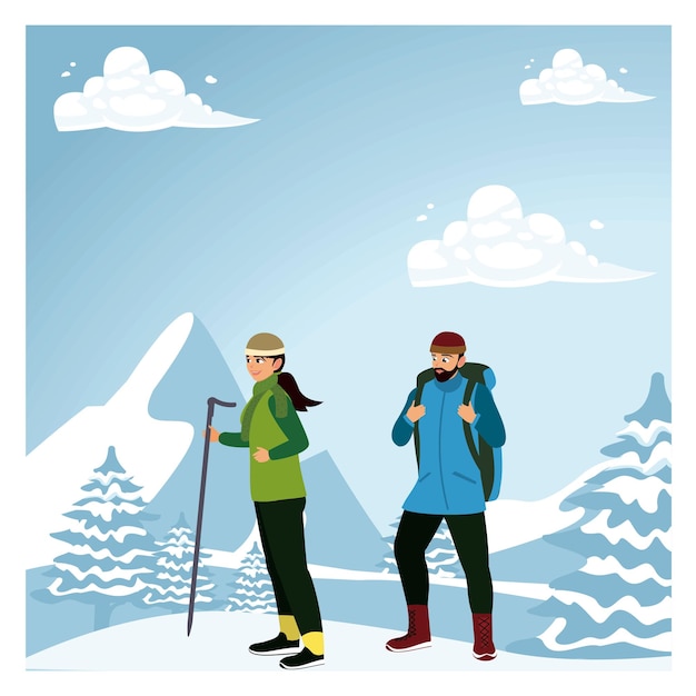 背包を背負って山を登る男性と女性のカップルが重い雪を歩いています