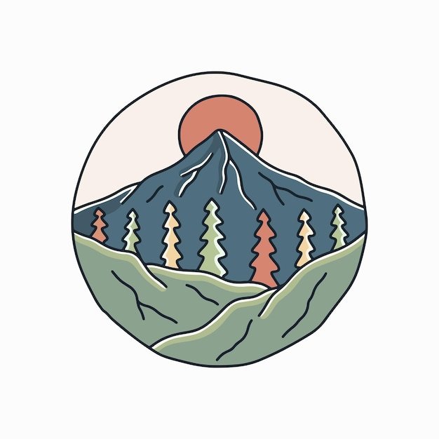 The mountain and maroon sun outdoor vector for tshirt sticker and badge design