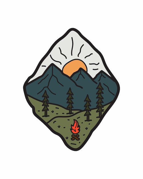 Mountain nature bonfire illustration line art badge patch pin graphic illustration vector art t-shirt design