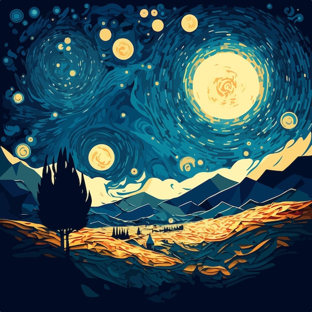 Vector mountain night scene with abstract trees hills full moon and stars flat style vector