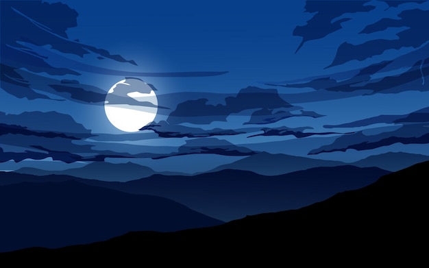 Vector mountain night sky landscape with clouds and moon