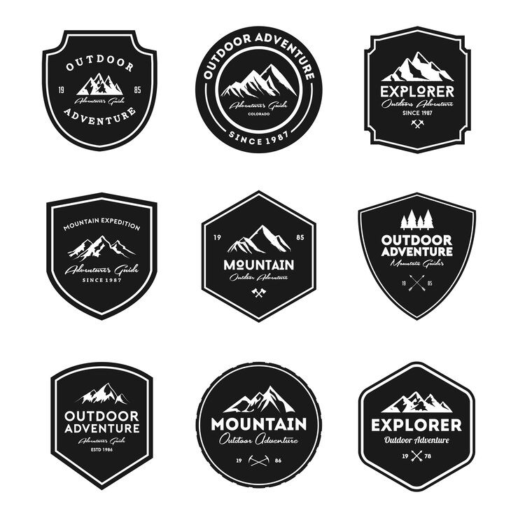 Vector mountain outdoor adventure emblem set