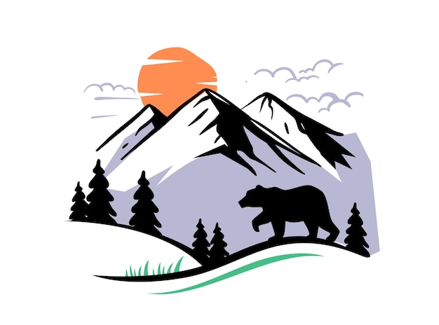 Mountain outdoor adventure landscape with bear vector