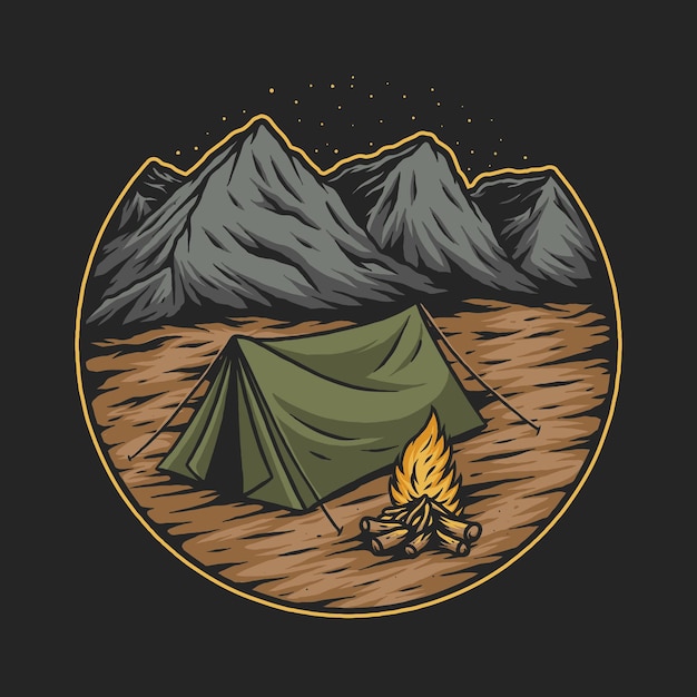 Mountain Outdoor Vintage Vector Art Illustration on Isolated Background