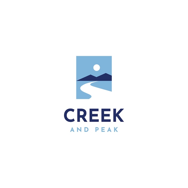 Modello di disegno vettoriale con logo mountain peak e creek