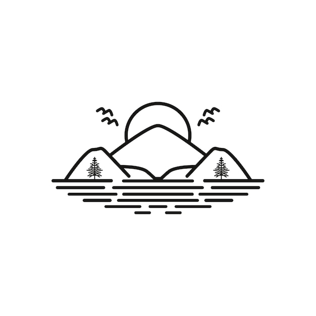 Mountain peak hill and lake sea beach sunset island logo design illustration