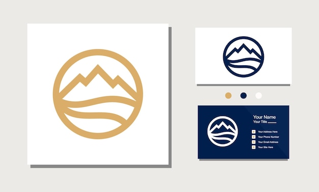 Vector mountain peaks river line art logo design vector