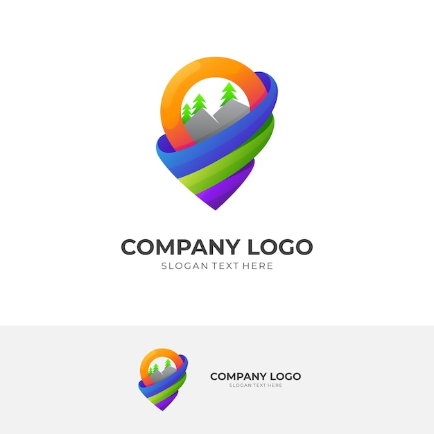 Modello di progettazione del logo con posizione di montagna e pin con stile colorato 3d