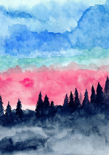 Alberi di pino di montagna e cielo blu con sfondo acquerello