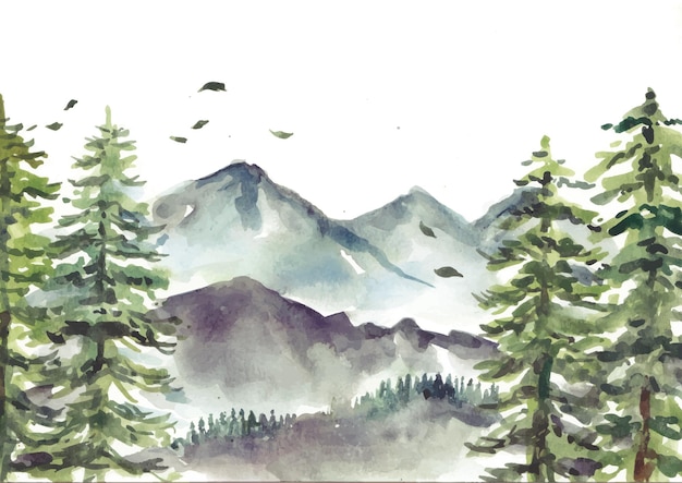 Vector mountain and pine trees watercolor