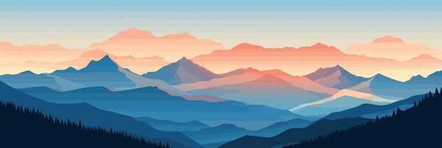 Vector mountain range silhouette vector illustration sunrise and sunset in mountains