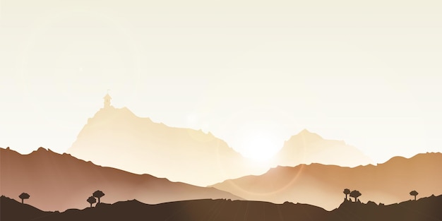 Mountain range vector abstract background. landscape rocks sunrise orange panorama.