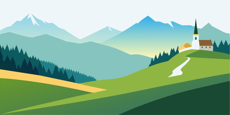 Vector a mountain range with pine trees and mountains in the background