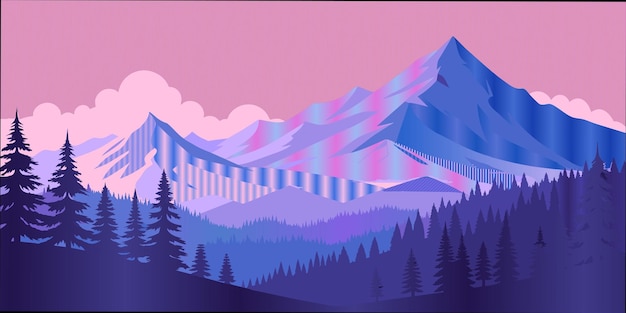 Vector a mountain range with trees and mountains in the background