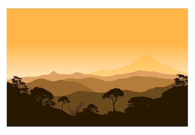 A mountain range with a yellow sky and the silhouette of a mountain.