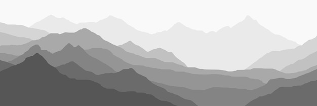 Mountain ranges in the morning haze, black and white landscape, banner