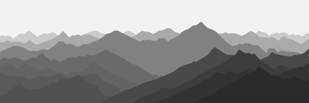 Mountain ranges in the morning haze, black and white landscape, banner