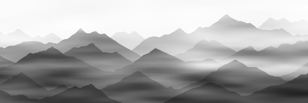 Mountain ranges in the morning haze black and white landscape