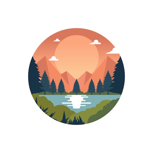 Vector mountain and river sunset nature illustration