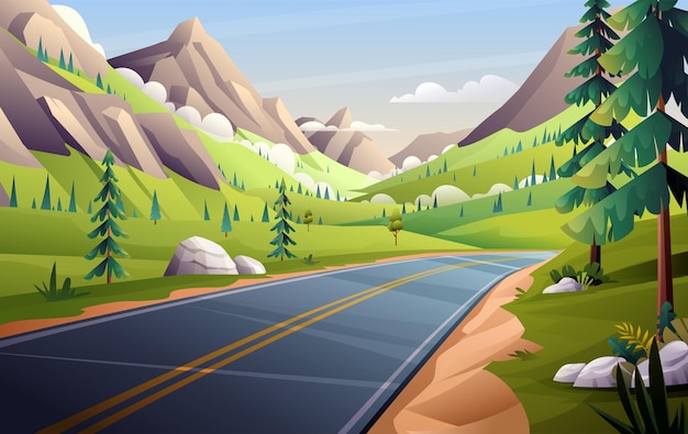 Mountain road landscape illustration Highway in valley through meadow and trees vector background