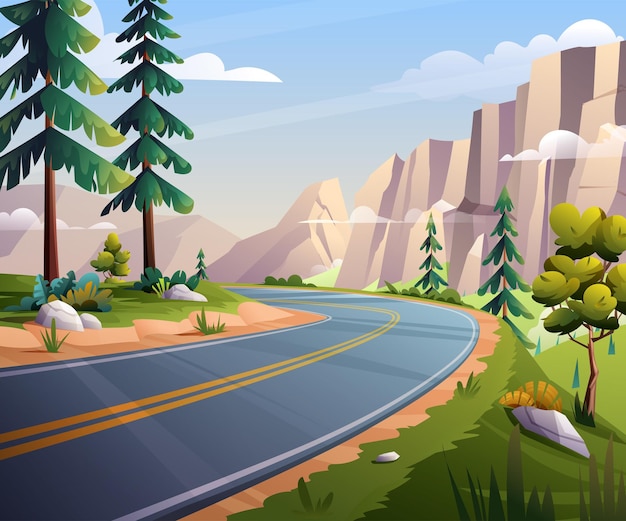Mountain road landscape illustration Nature highway with rocky cliff view background