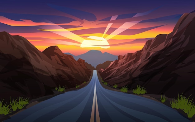 Vector mountain road sunset landscape with colorful cloudy sky